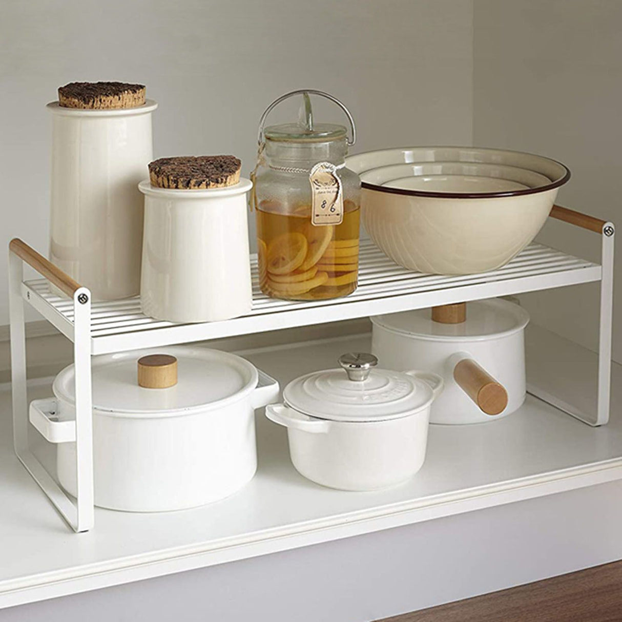 Cabinet Storage Shelf Rack Layered Storage Easy to Install Multifunction Counter Organizer Shelf for Seasoner Bowl Large White
