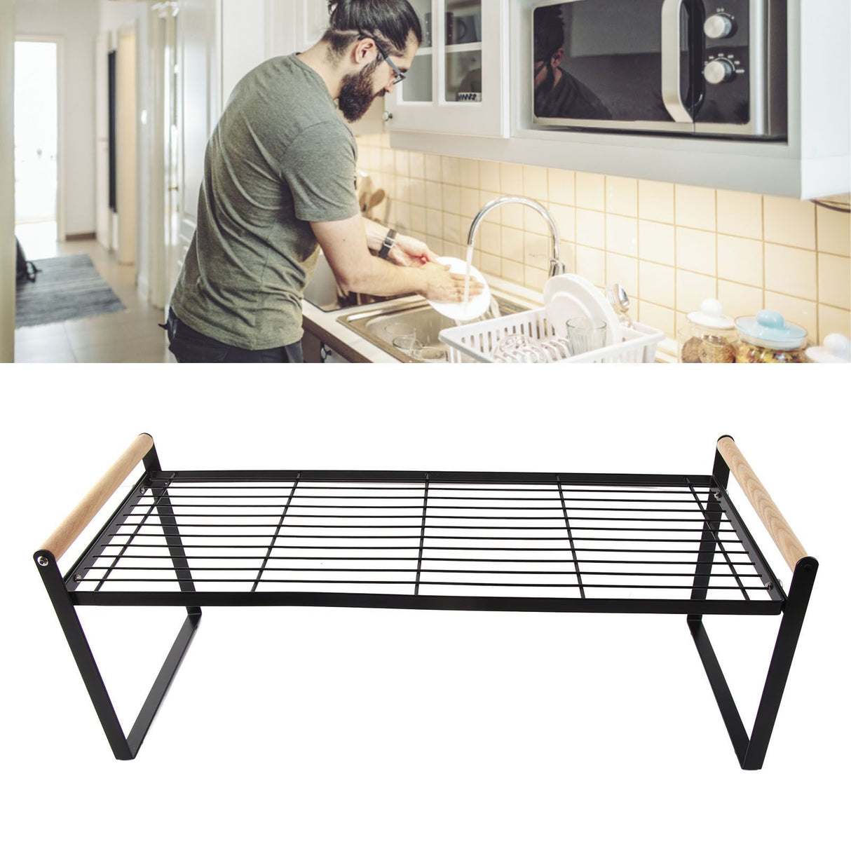 Cabinet Storage Shelf Rack Layered Storage Easy to Install Multifunction Counter Organizer Shelf for Seasoner Bowl Large Black