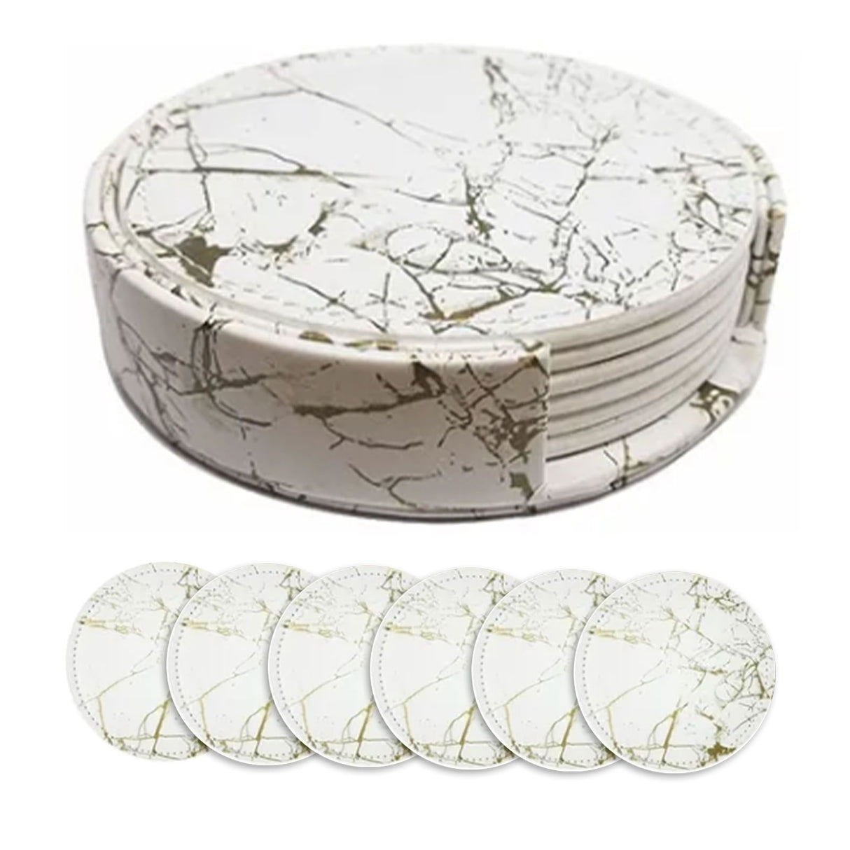 7PCS Drink Coaster Reversible Leather Round Platinum Marble Appearance 10cm Cup Mat for Home