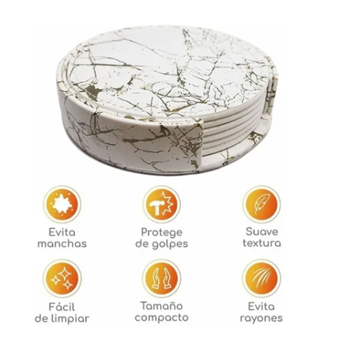 7PCS Drink Coaster Reversible Leather Round Platinum Marble Appearance 10cm Cup Mat for Home