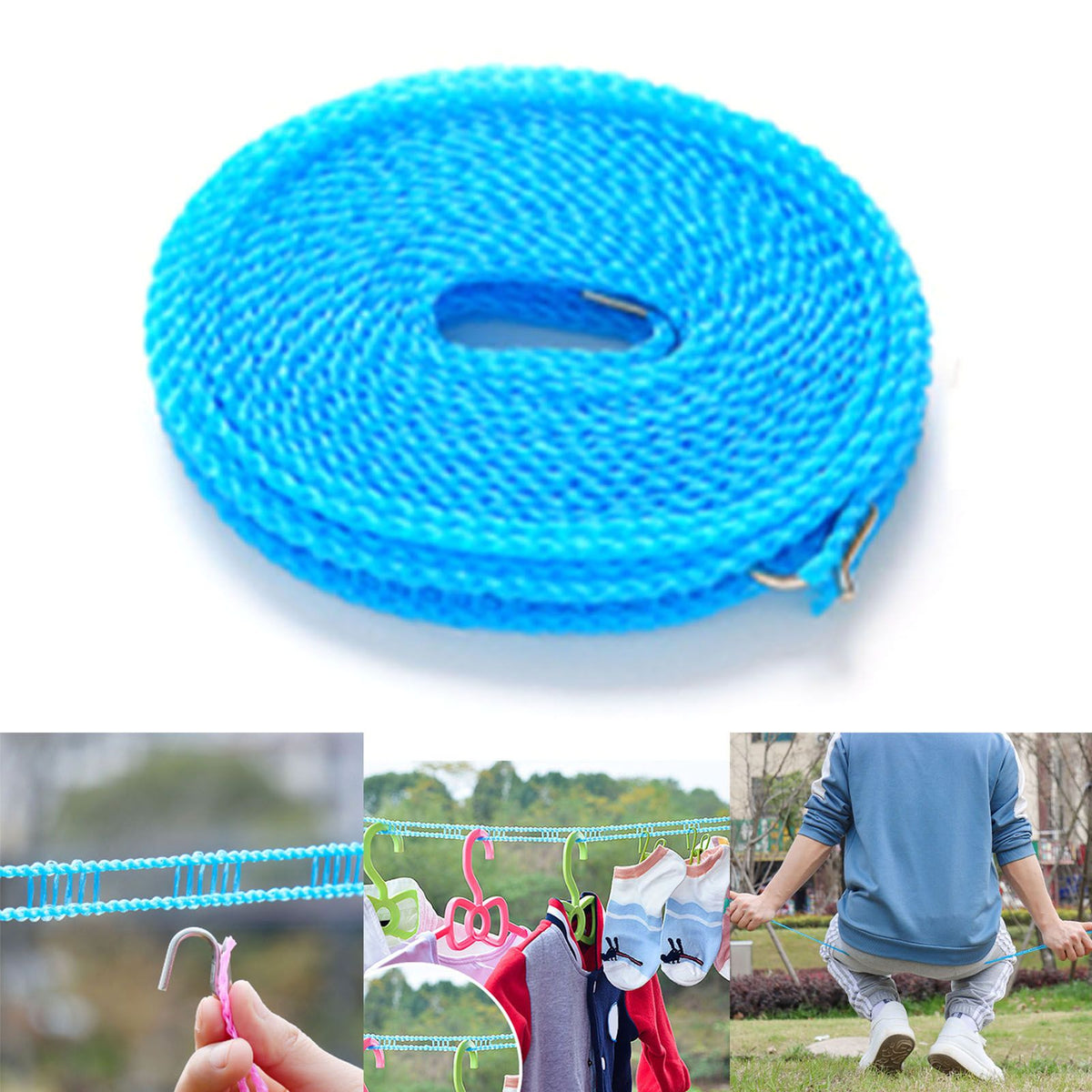 Clothesline 8 Meters Windproof Stable Load Bearing Nylon Material Punch Free Installation Laundry Rope for Indoor Outdoor Blue