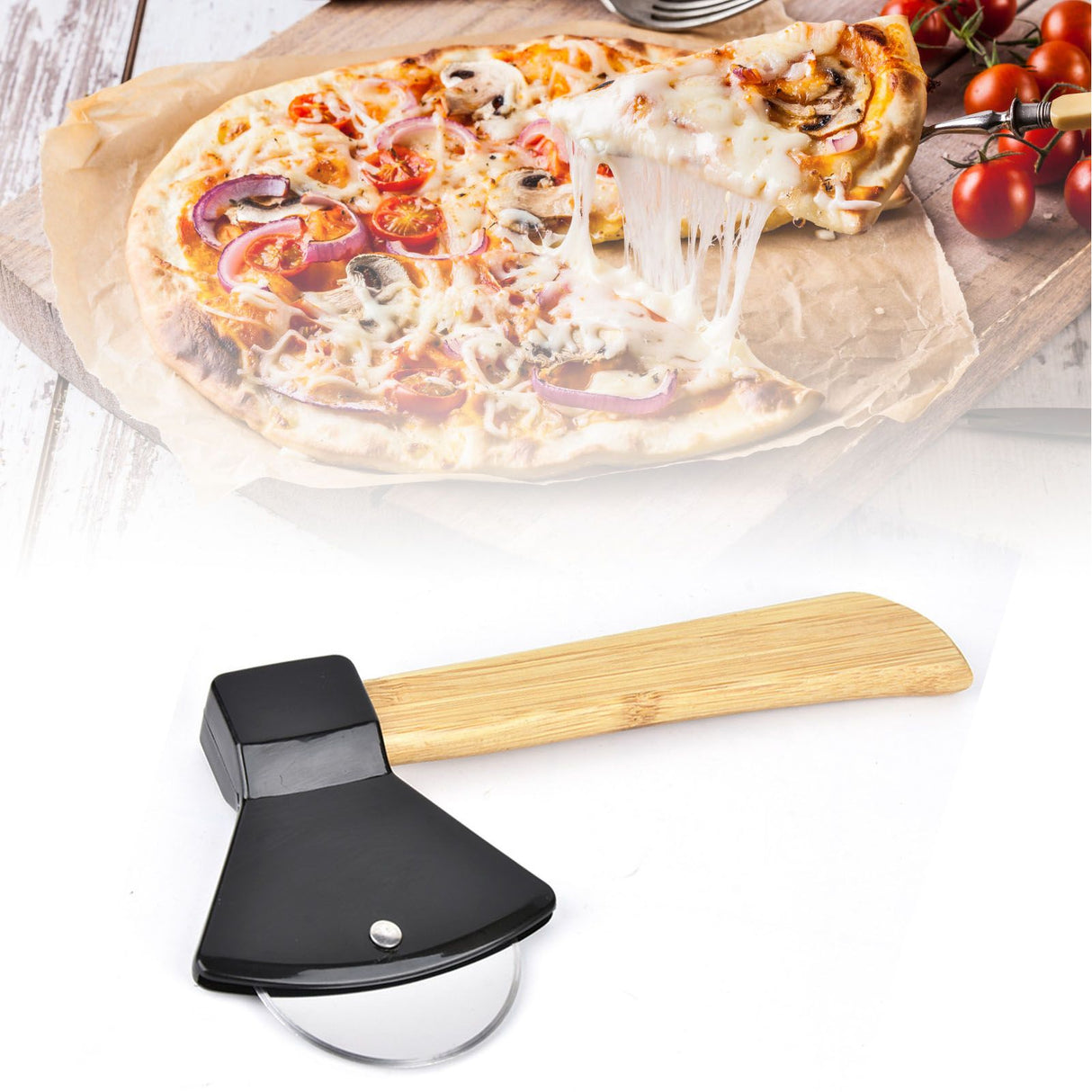 Pizza Knife 430 Steel PP Bamboo Handle Ergonomically Round Axe Pizza Cutter for Home Restaurants Black