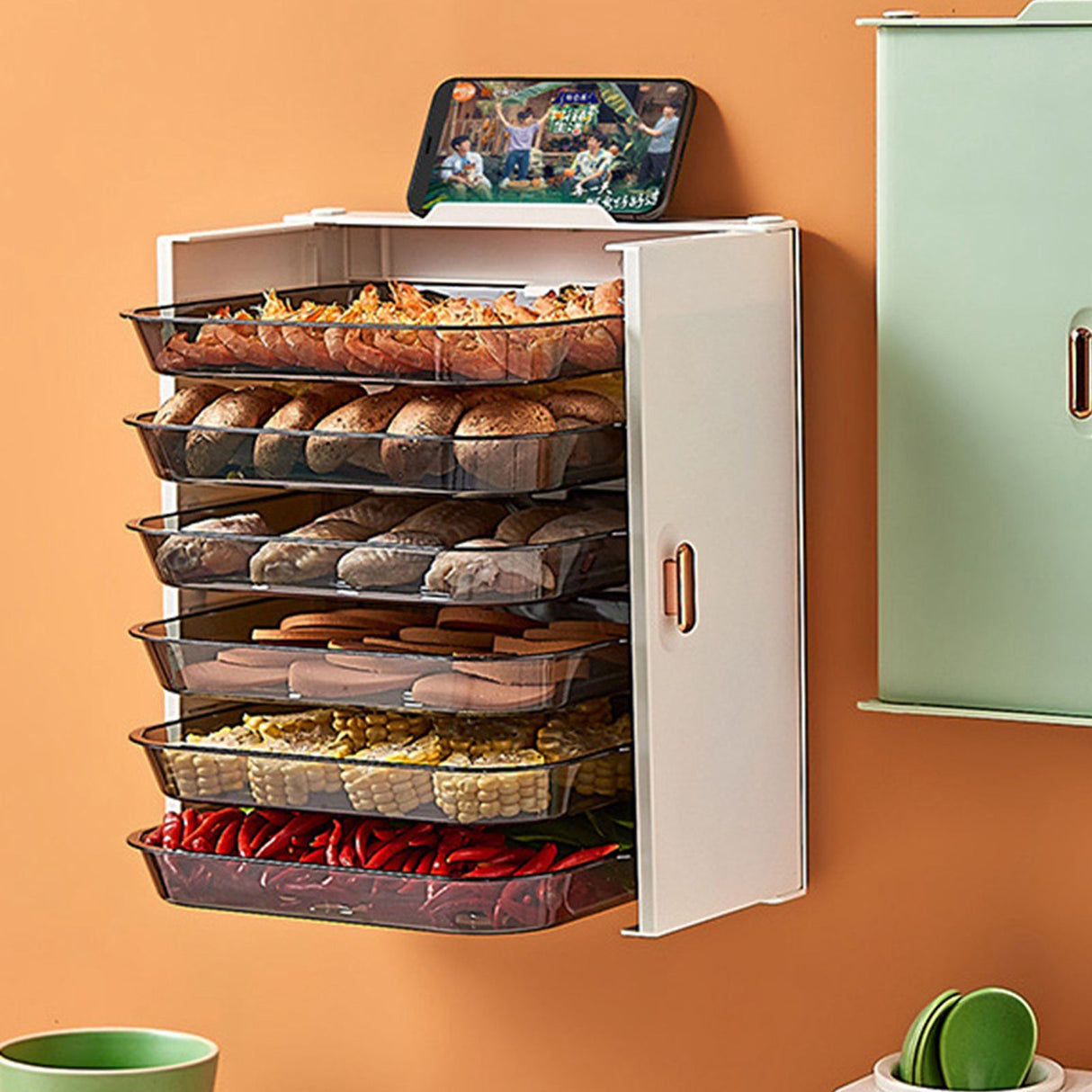 Kitchen Side Dishes Punch Free Foldable PET 6 Layers Wall Mounted Organization Rack Cooking Plates Storage Shelf Pearl White