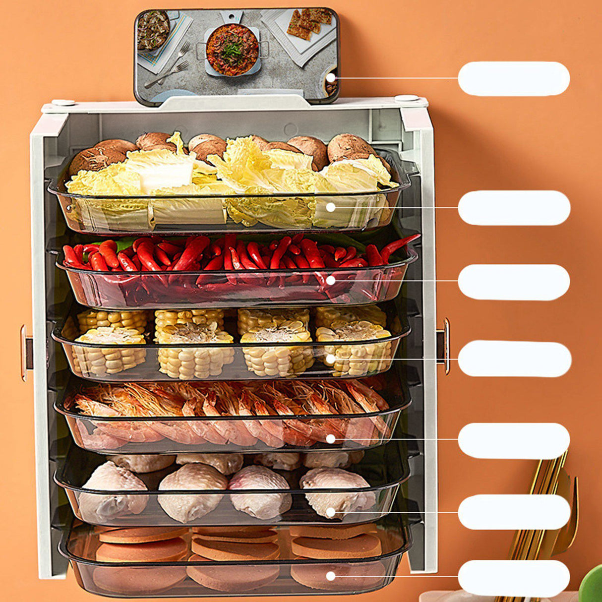 Kitchen Side Dishes Punch Free Foldable PET 6 Layers Wall Mounted Organization Rack Cooking Plates Storage Shelf Pearl White