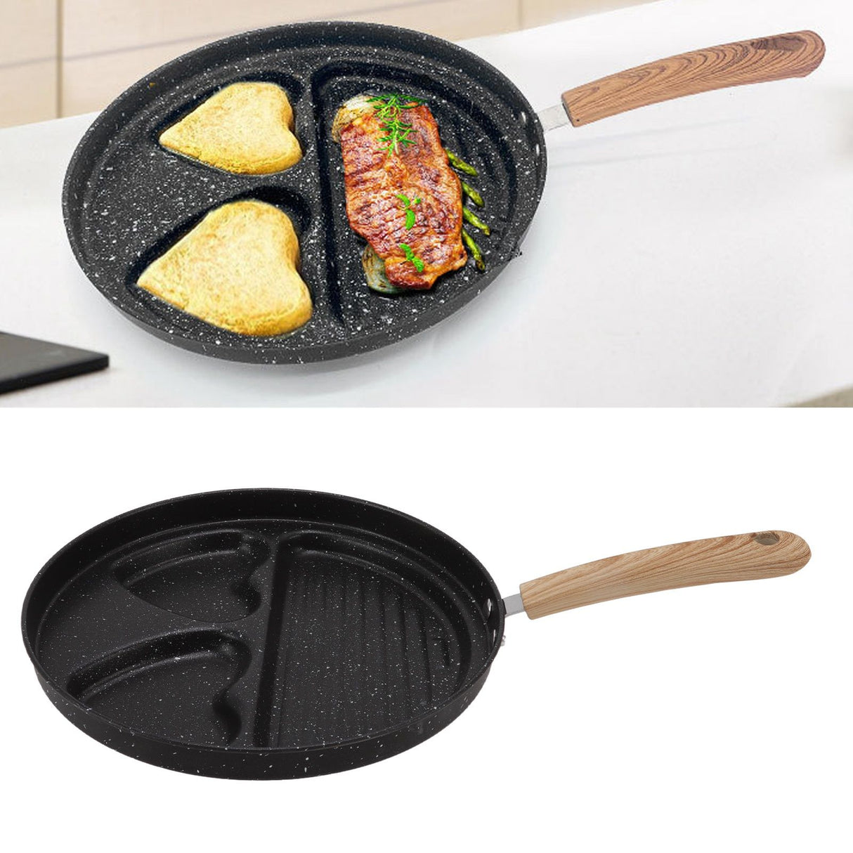 Egg Steak Divided Frying Pan 3 in 1 Multifunctional Prevent Stick Egg Beef Steak Cooker Pan for Home