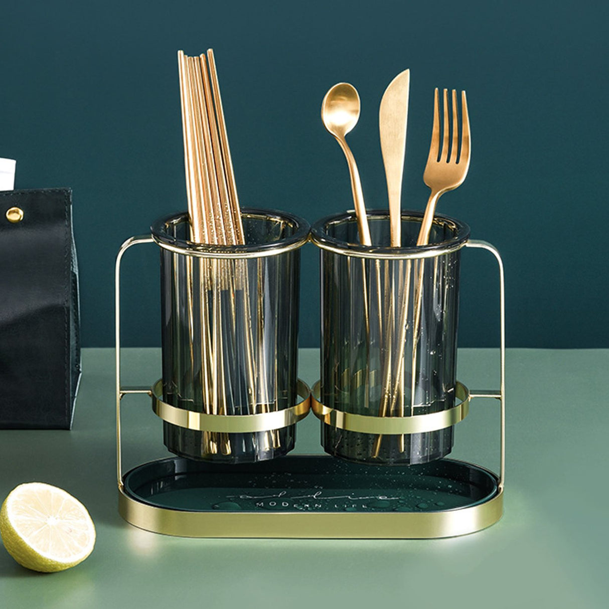 Chopsticks Drying Holder Iron PET Transparent Chopsticks Drying Caddy for Spoons Kitchen Green Gold