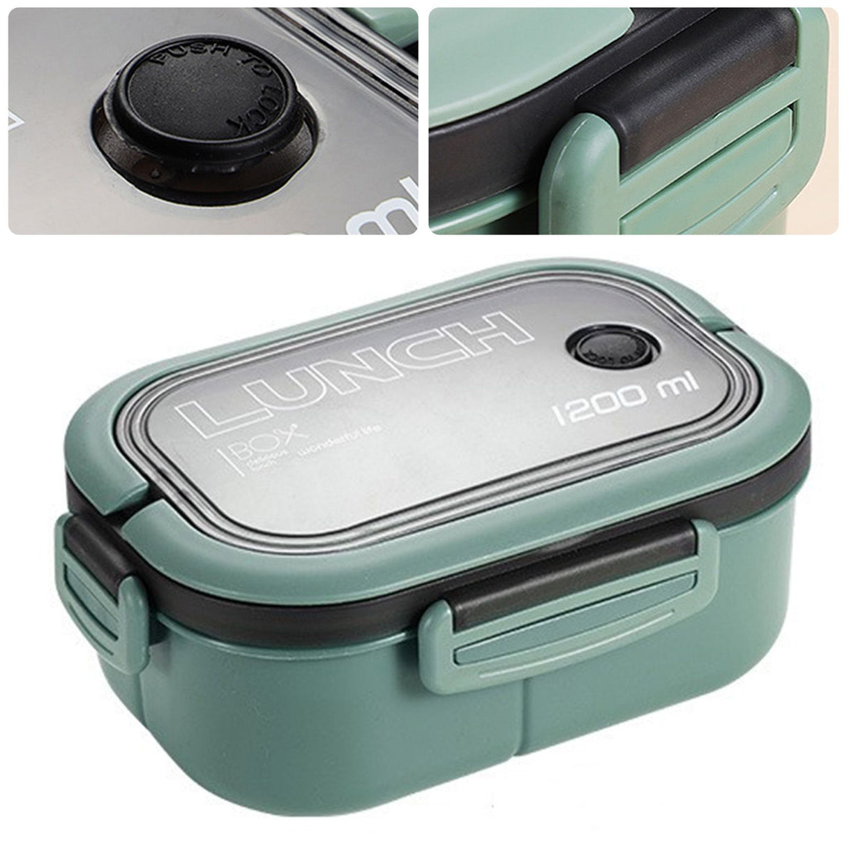 1200ml Bento Lunch Box Double Layer Insulation Lunch Box Container with Fork Spoon for Students Office Workers Green