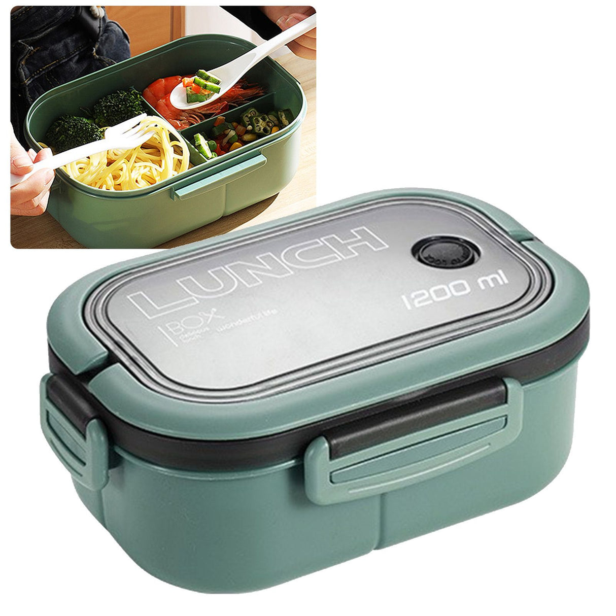 1200ml Bento Lunch Box Double Layer Insulation Lunch Box Container with Fork Spoon for Students Office Workers Green