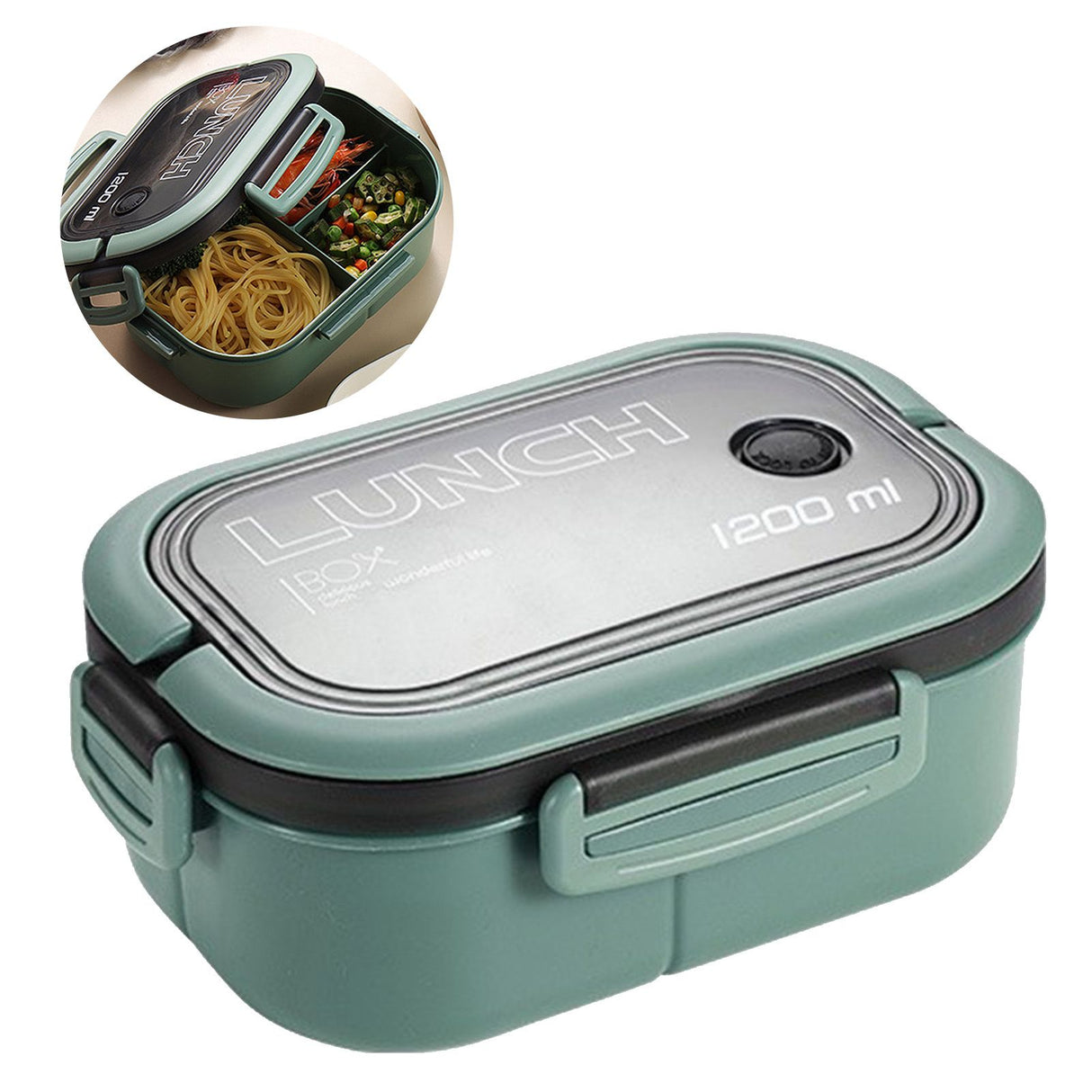1200ml Bento Lunch Box Double Layer Insulation Lunch Box Container with Fork Spoon for Students Office Workers Green