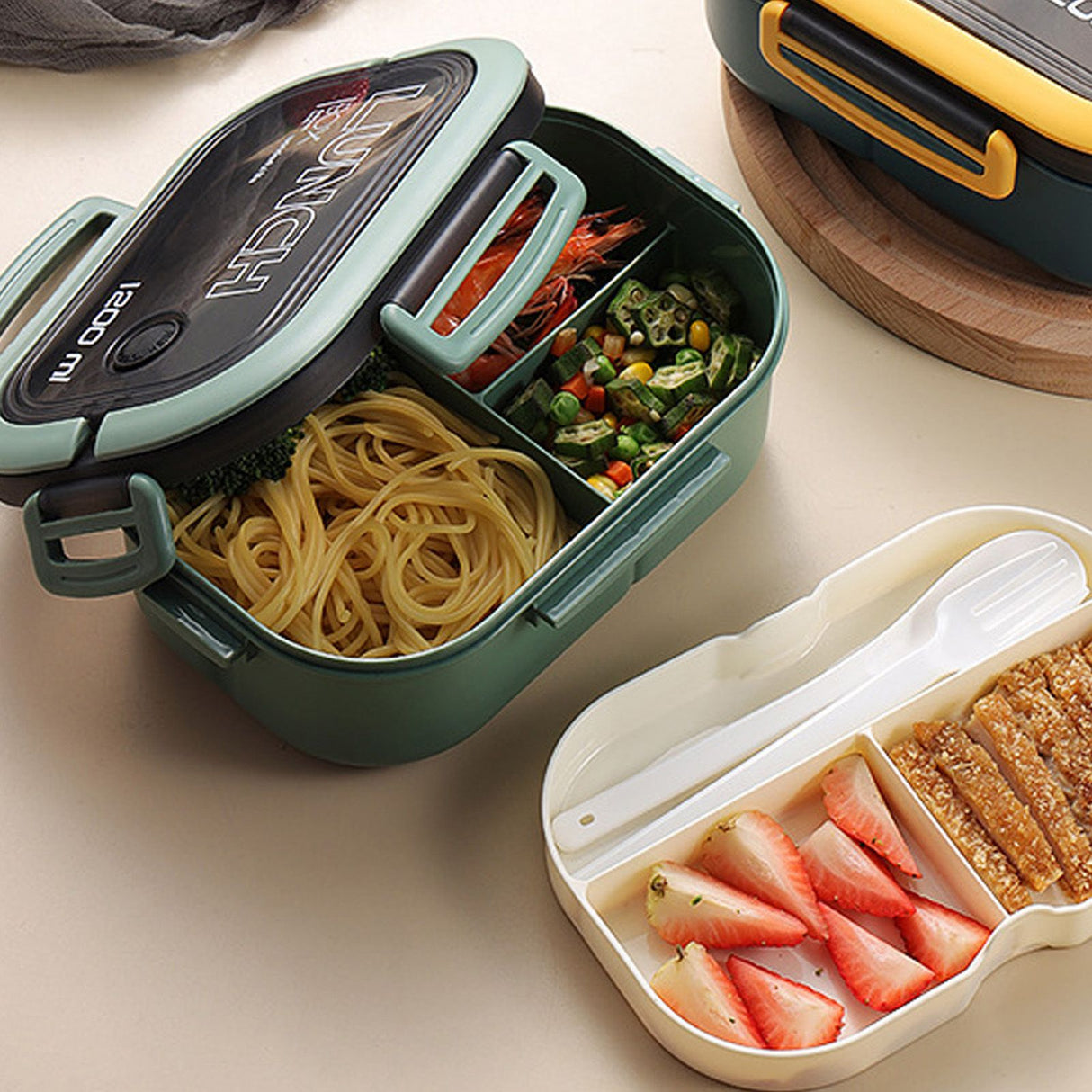 1200ml Bento Lunch Box Double Layer Insulation Lunch Box Container with Fork Spoon for Students Office Workers Green