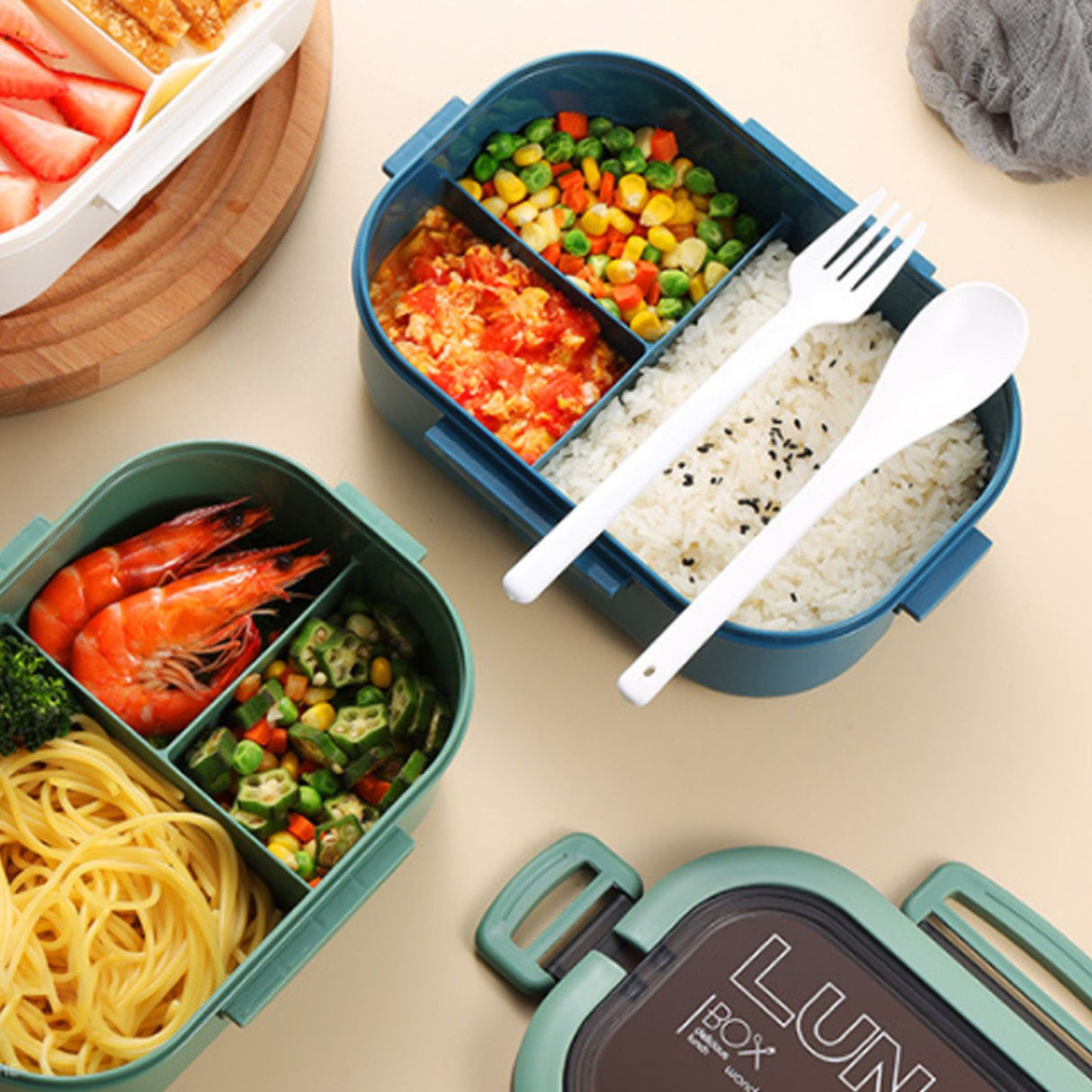 1200ml Bento Lunch Box Double Layer Insulation Lunch Box Container with Fork Spoon for Students Office Workers Green