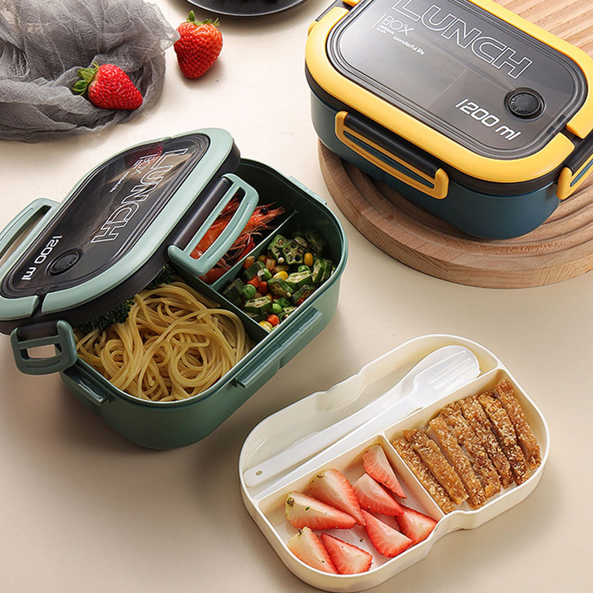 1200ml Bento Lunch Box Double Layer Insulation Lunch Box Container with Fork Spoon for Students Office Workers Blue