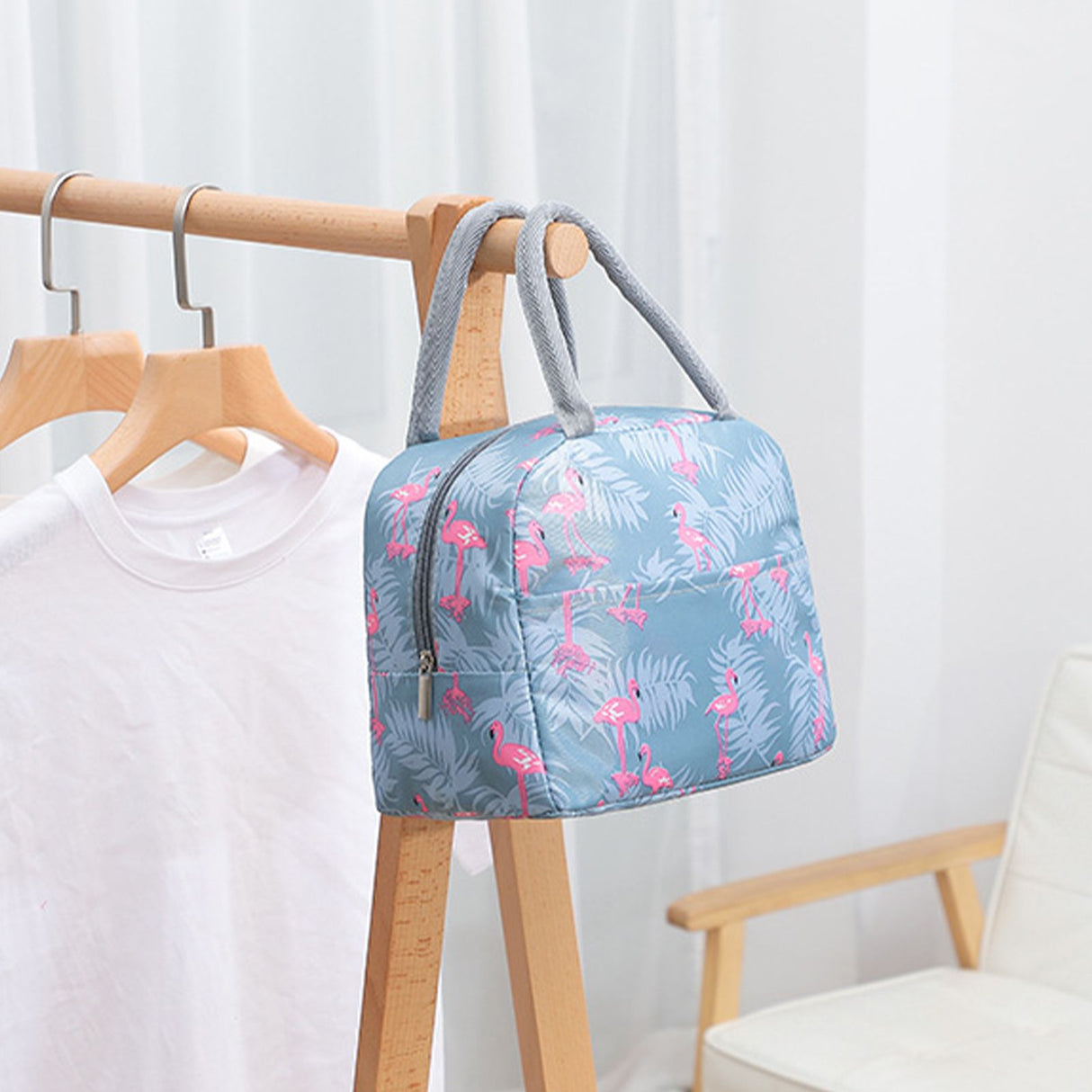 Insulated Lunch Bag Large Capacity Flamingo Pattern Portable Thickened Zipper Lunch Bag for School Work Gray Flamingo