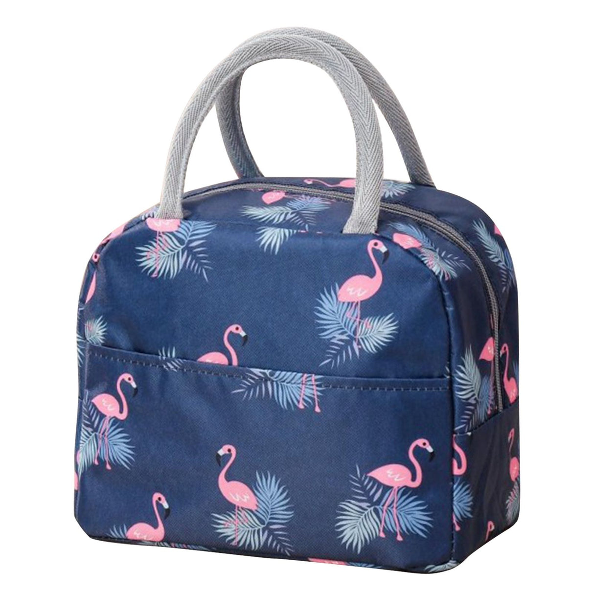 Insulated Lunch Bag Large Capacity Flamingo Pattern Portable Thickened Zipper Lunch Bag for School Work Navy Blue Flamingo
