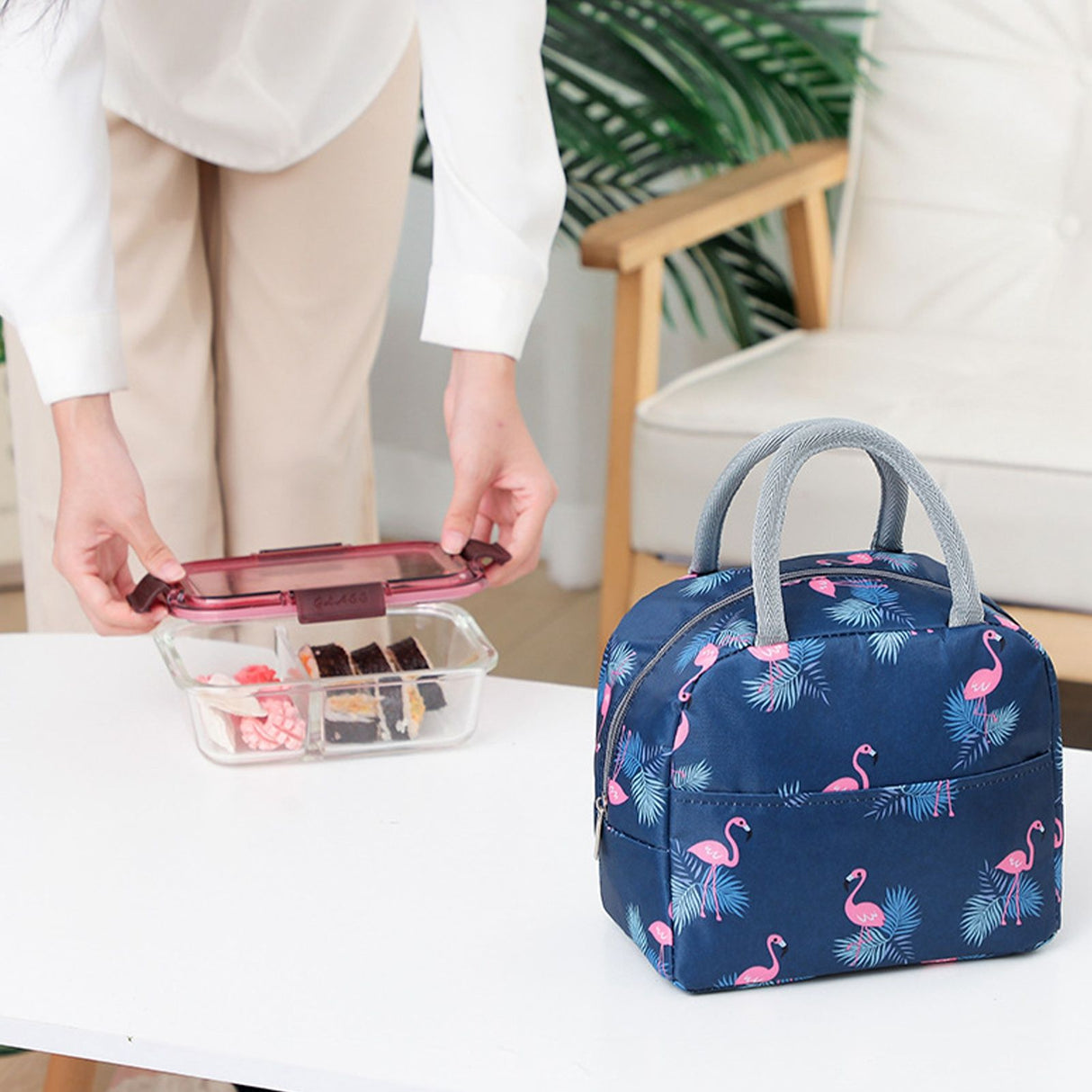 Insulated Lunch Bag Large Capacity Flamingo Pattern Portable Thickened Zipper Lunch Bag for School Work Navy Blue Flamingo