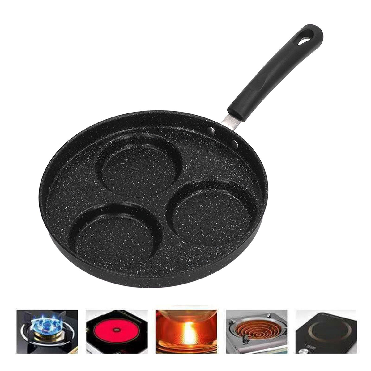 3 Cups Egg Hamburger Pan Metal Iron Heating Evenly Egg Cooker Pan with Comfortable Handle for Omelettes Burgers Pancakes