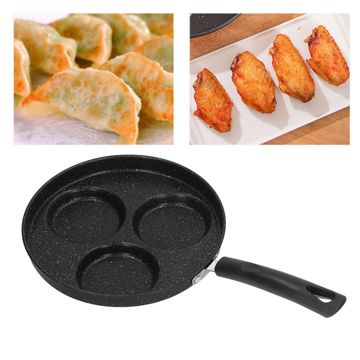 3 Cups Egg Hamburger Pan Metal Iron Heating Evenly Egg Cooker Pan with Comfortable Handle for Omelettes Burgers Pancakes