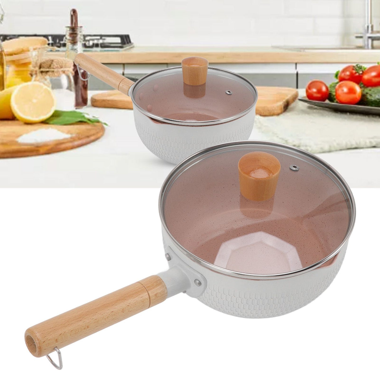 Sauce Pan Stick Proof Aluminum Alloy Multi Functional Milk Pot with Wooden Handle for Induction Gas Stove White