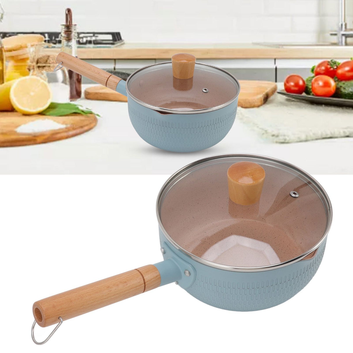 Sauce Pan Stick Proof Aluminum Alloy Multi Functional Milk Pot with Wooden Handle for Induction Gas Stove Blue