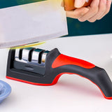 Handheld Knife Sharpening Tool 3 Segments Red and Black Multipurpose Knife Sharpener for Kitchen - Rear View