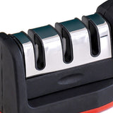 Handheld Knife Sharpening Tool 3 Segments Red and Black Multipurpose Knife Sharpener for Kitchen - Close-Up Angle