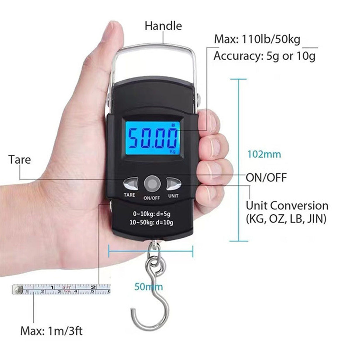 Fishing Scale Portable Compact Clear Display ABS Stainless Steel Convenient Practical Luggage Scale for Outdoor Indoor English (with Tape Measure) 50KG/10G