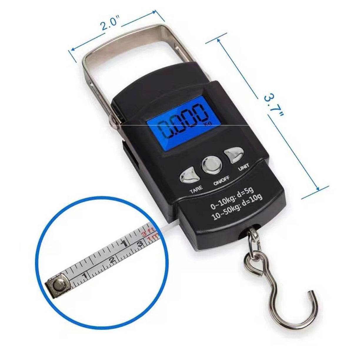 Fishing Scale Portable Compact Clear Display ABS Stainless Steel Convenient Practical Luggage Scale for Outdoor Indoor English (with Tape Measure) 50KG/10G