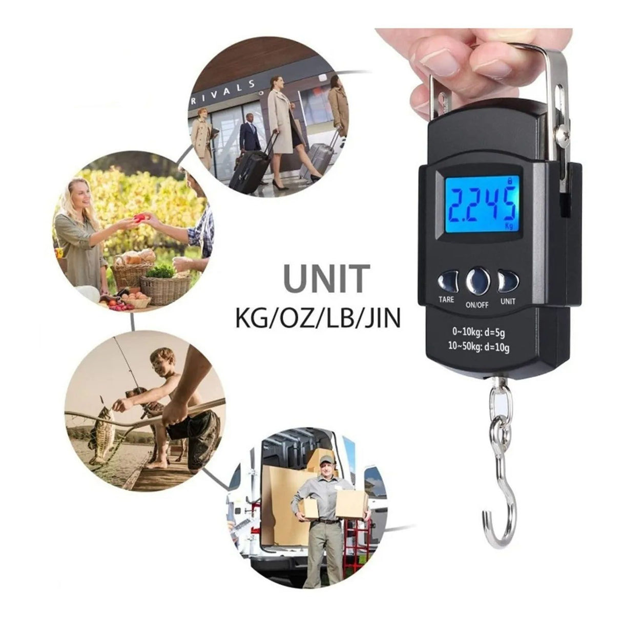 Fishing Scale Portable Compact Clear Display ABS Stainless Steel Convenient Practical Luggage Scale for Outdoor Indoor English (with Tape Measure) 50KG/10G