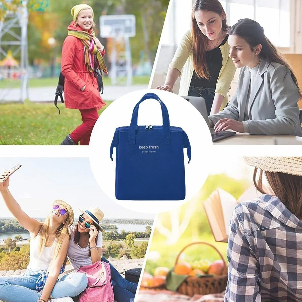 Insulated Lunch Bag Solid Color Oxford Cloth Waterproof Metal Zipper Portable Lunchbox for Commuting Royalblue