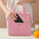Insulated Lunch Bag Solid Color Oxford Cloth Waterproof Metal Zipper Portable Lunchbox for Commuting Pink