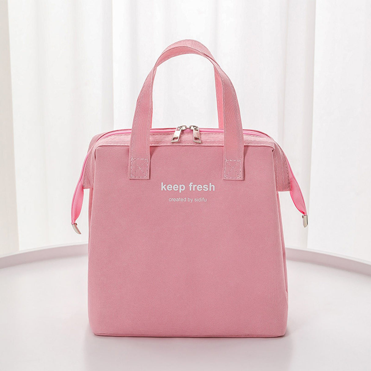 Insulated Lunch Bag Solid Color Oxford Cloth Waterproof Metal Zipper Portable Lunchbox for Commuting Pink