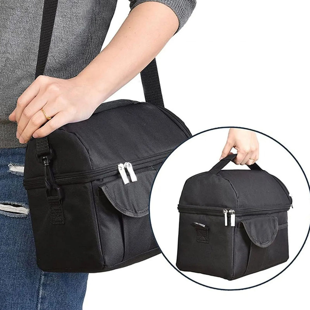 Cooler Bags Insulated Double Layer Large Capacity Oxford Cloth Washable Foldable Heat Insulation Lunch Bag for Office Black