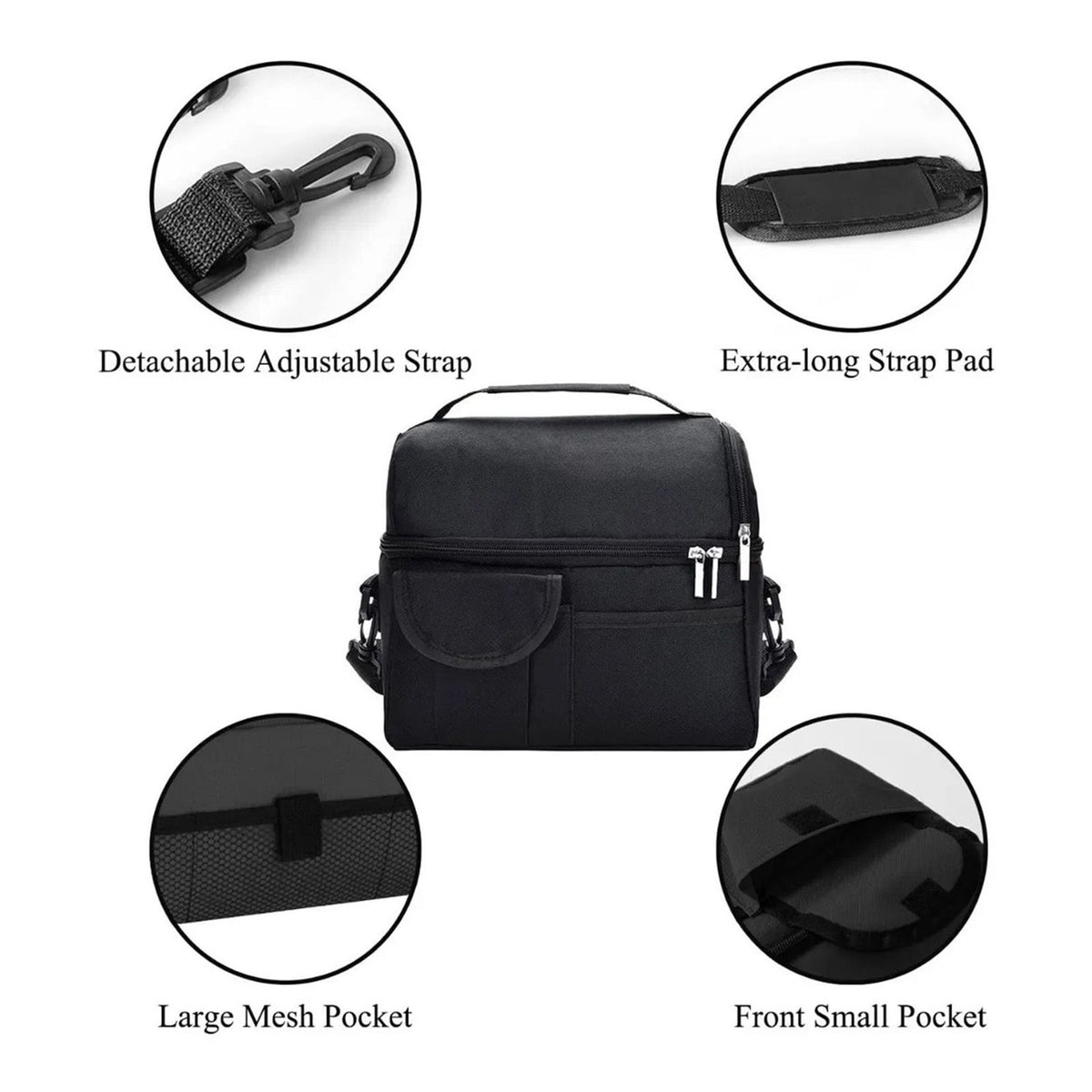 Cooler Bags Insulated Double Layer Large Capacity Oxford Cloth Washable Foldable Heat Insulation Lunch Bag for Office Black