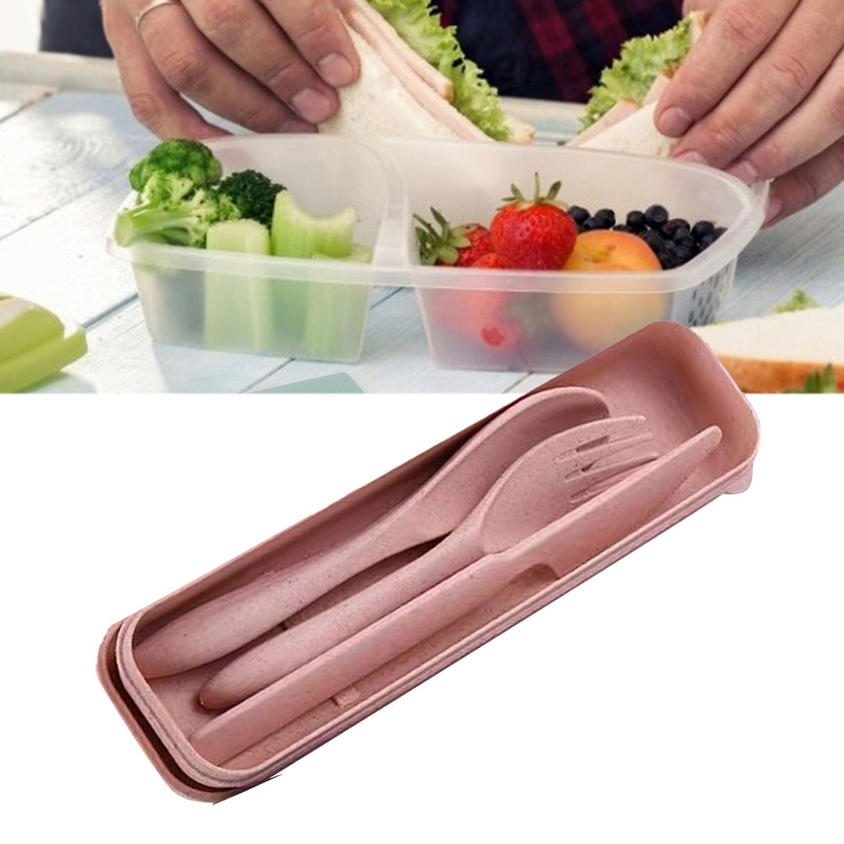 Wheat Straw Cutlery Set Modern Portable Fork Spoon Knife Tableware with Box for Office School Picnic Pink