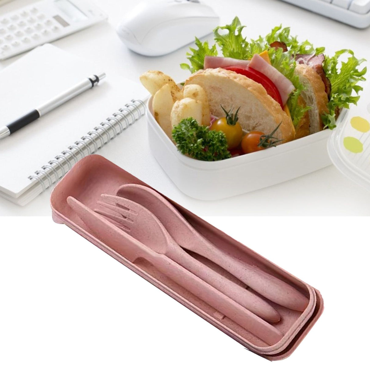 Wheat Straw Cutlery Set Modern Portable Fork Spoon Knife Tableware with Box for Office School Picnic Pink