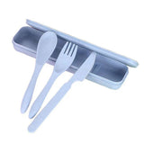 Wheat Straw Cutlery Set Modern Portable Fork Spoon Knife Tableware with Box for Office School Picnic Blue