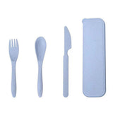 Wheat Straw Cutlery Set Modern Portable Fork Spoon Knife Tableware with Box for Office School Picnic Blue - Side View