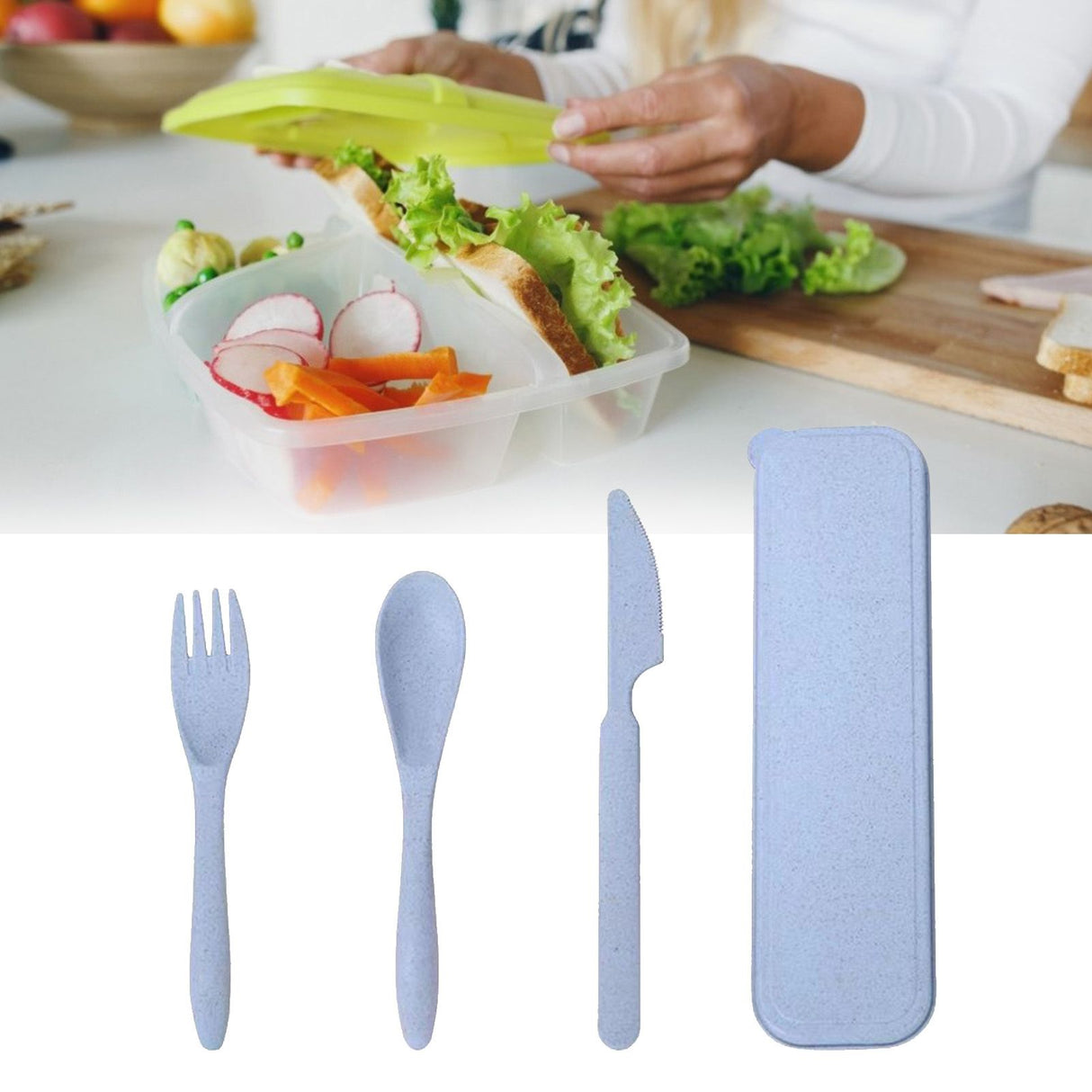 Wheat Straw Cutlery Set Modern Portable Fork Spoon Knife Tableware with Box for Office School Picnic Blue