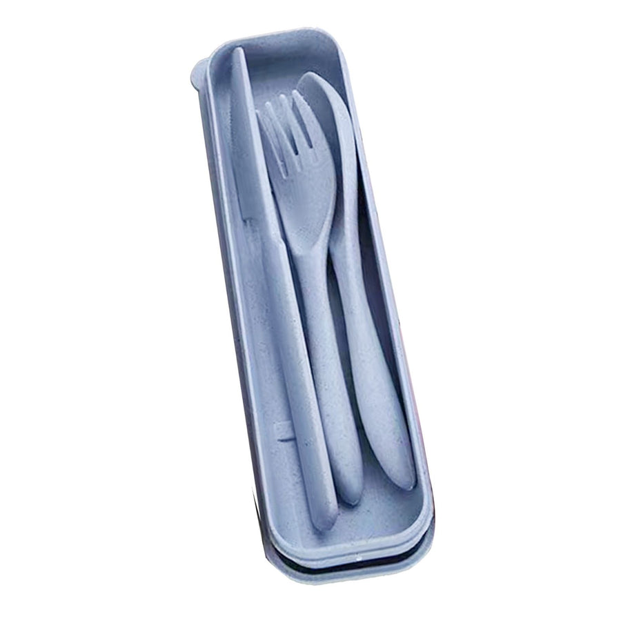 Wheat Straw Cutlery Set Modern Portable Fork Spoon Knife Tableware with Box for Office School Picnic Blue