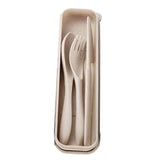 Wheat Straw Cutlery Set Modern Portable Fork Spoon Knife Tableware with Box for Office School Picnic Beige