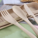 Wheat Straw Cutlery Set Modern Portable Fork Spoon Knife Tableware with Box for Office School Picnic Beige