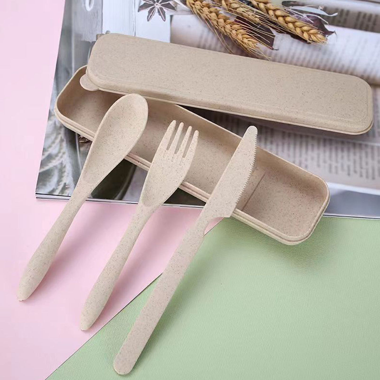 Wheat Straw Cutlery Set Modern Portable Fork Spoon Knife Tableware with Box for Office School Picnic Beige