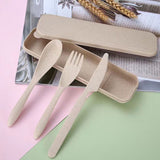 Wheat Straw Cutlery Set Modern Portable Fork Spoon Knife Tableware with Box for Office School Picnic Beige