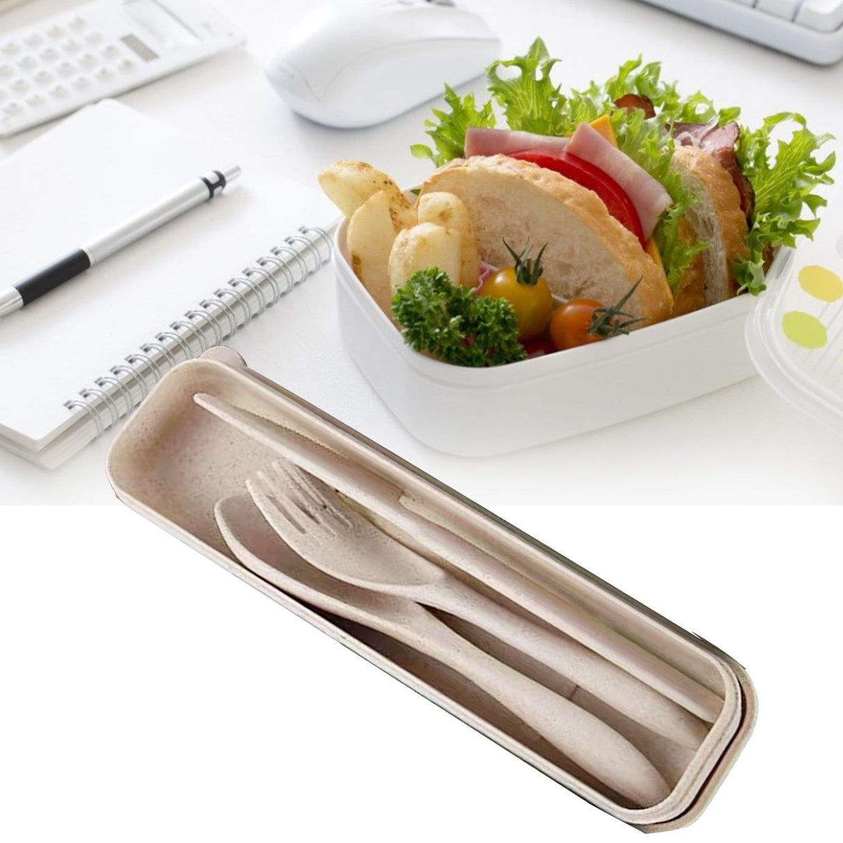 Wheat Straw Cutlery Set Modern Portable Fork Spoon Knife Tableware with Box for Office School Picnic Beige