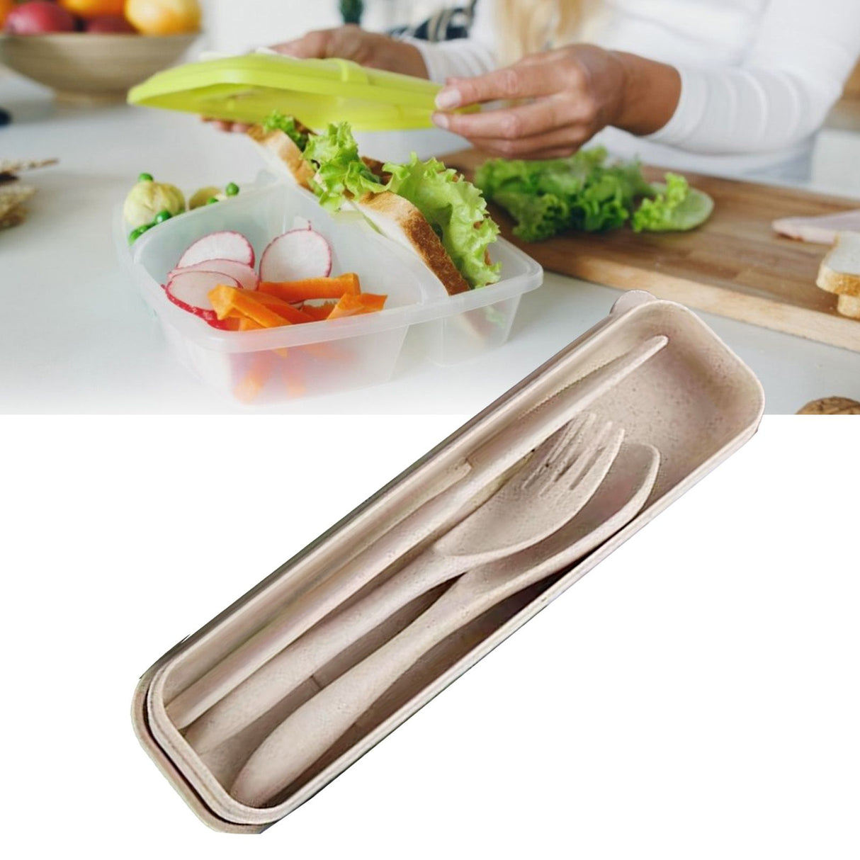 Wheat Straw Cutlery Set Modern Portable Fork Spoon Knife Tableware with Box for Office School Picnic Beige