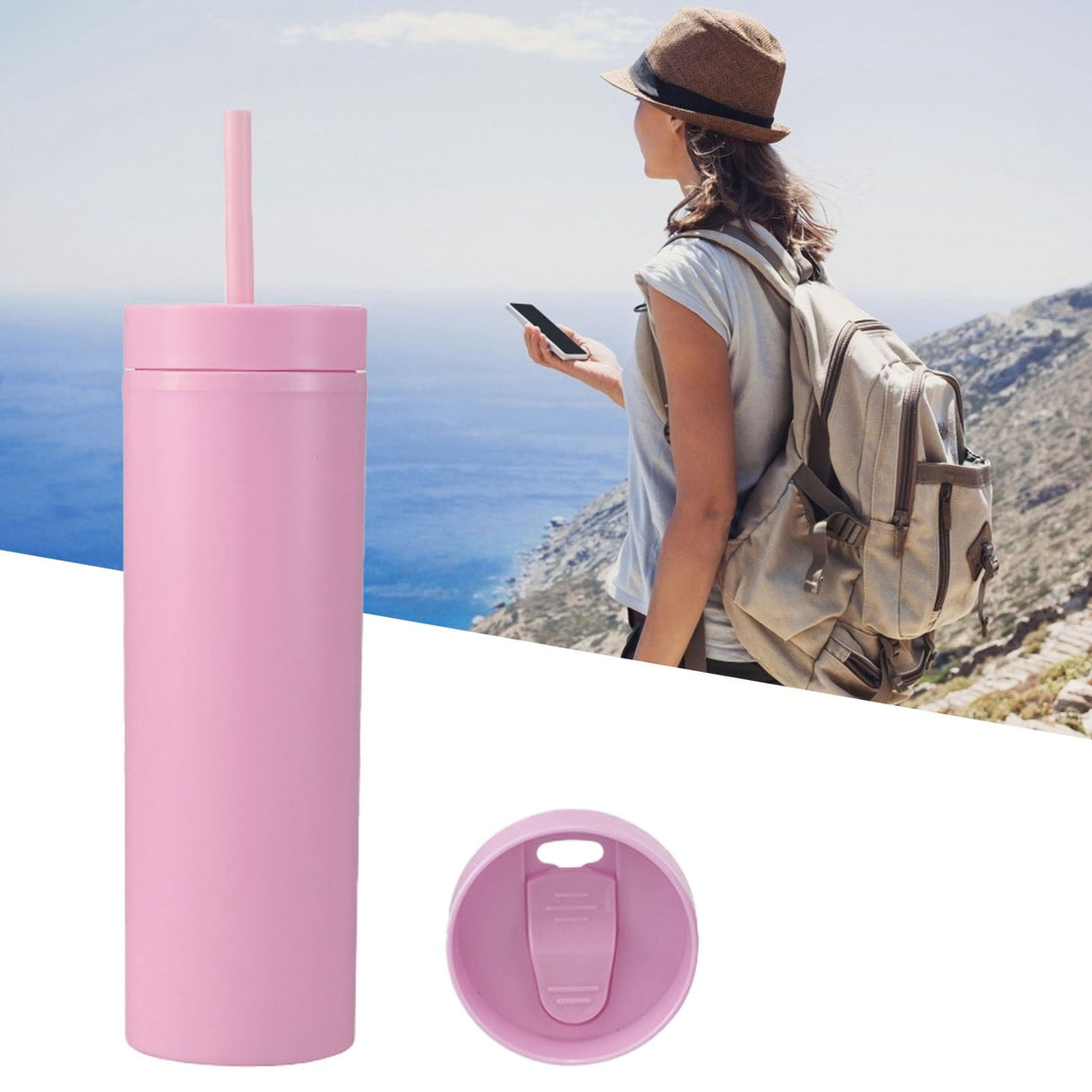 16oz Plastic Tumblers with Lids and Straws Frosting Matte Plastic Drinking Cups for Outdoor Sports 1767 Pink
