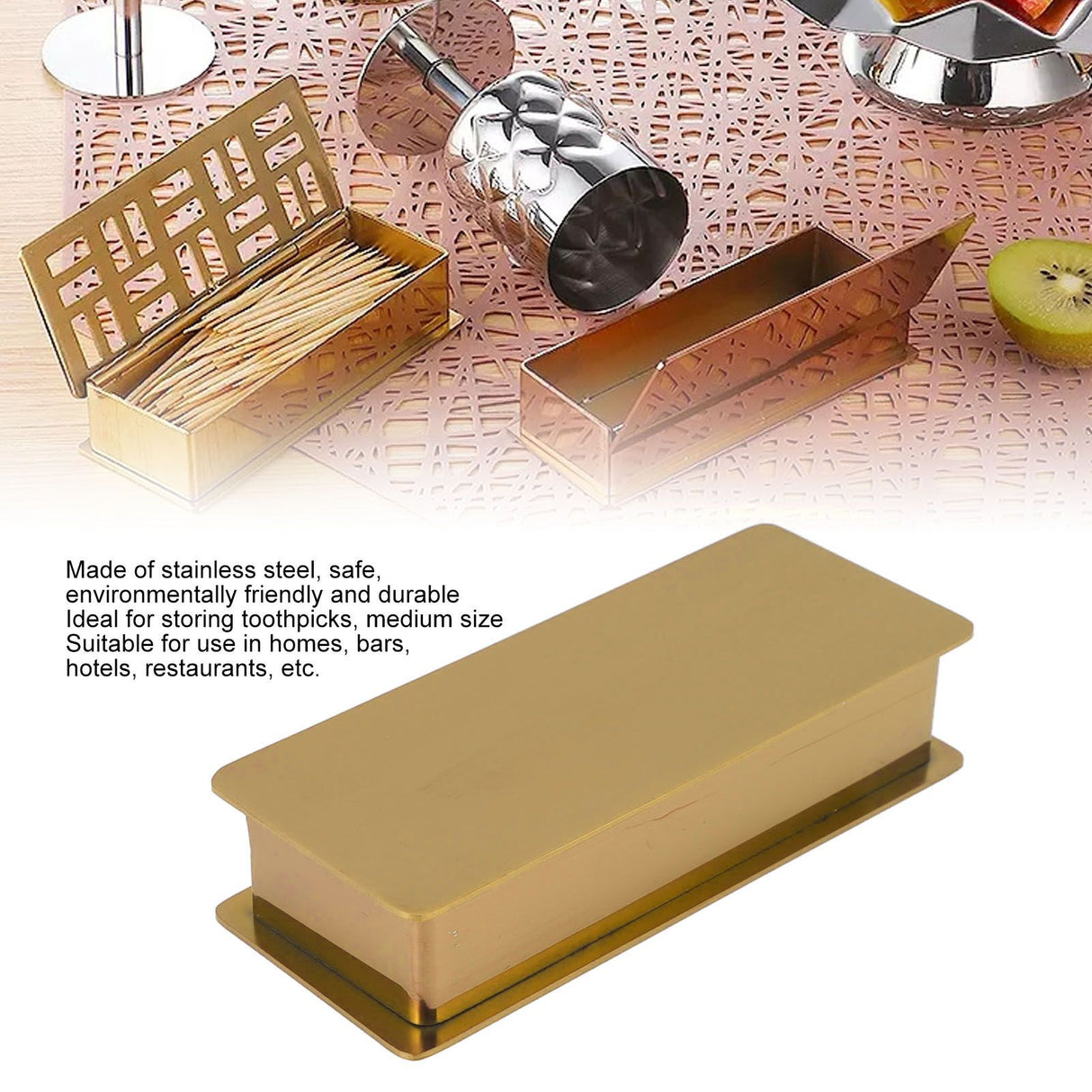 Toothpick Holder Stainless Steel Rectangular Toothpick Holder with Lid for Home Bar Hotel Restaurant Gold