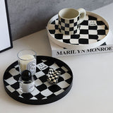 Round Storage Organizer Tray Checkerboard Design Plate Container Tray for Fruit Perfume Jewelry White, Large