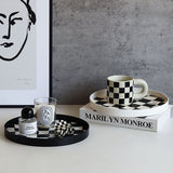Round Storage Organizer Tray Checkerboard Design Plate Container Tray for Fruit Perfume Jewelry White, Small