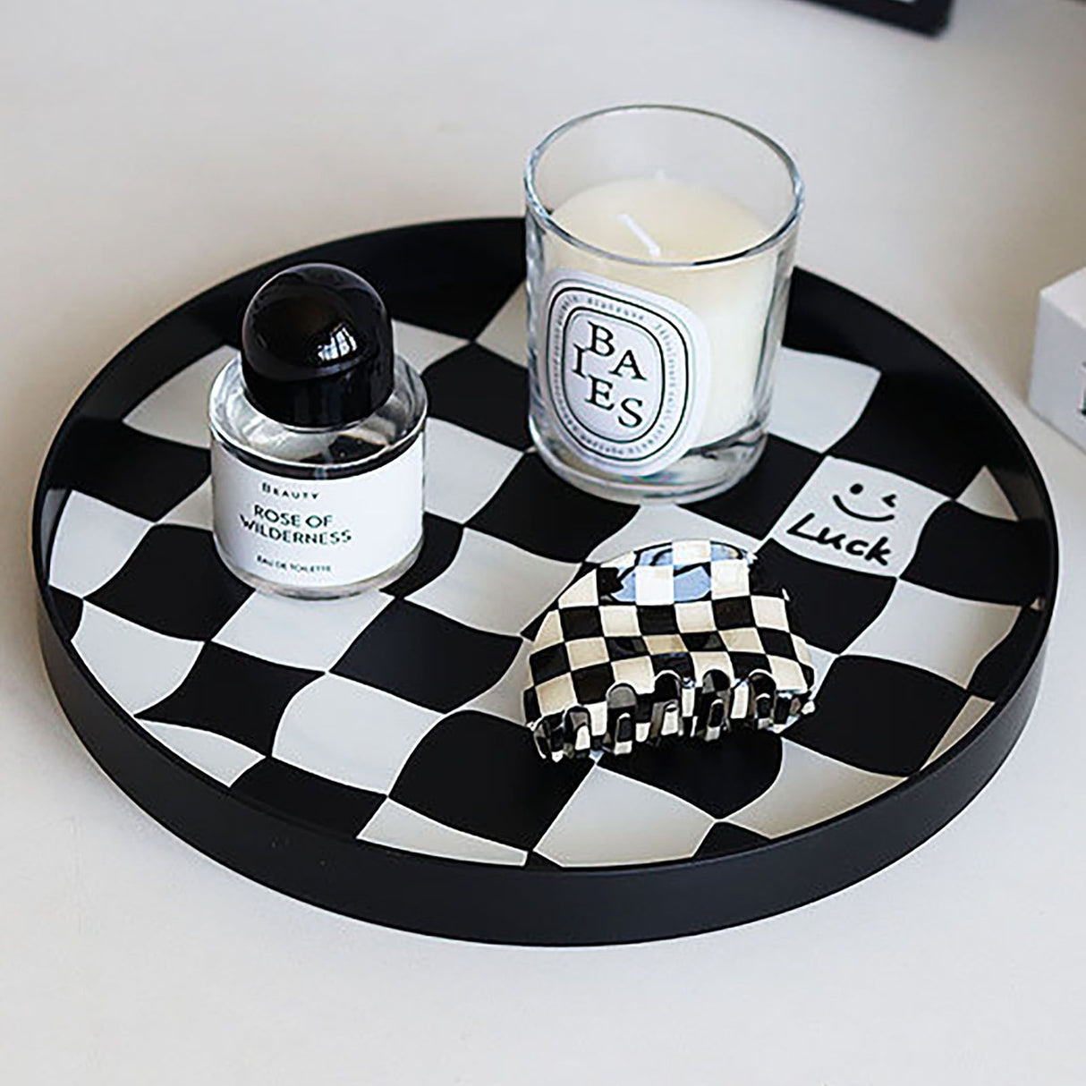 Round Storage Organizer Tray Checkerboard Design Plate Container Tray for Fruit Perfume Jewelry Black, Large